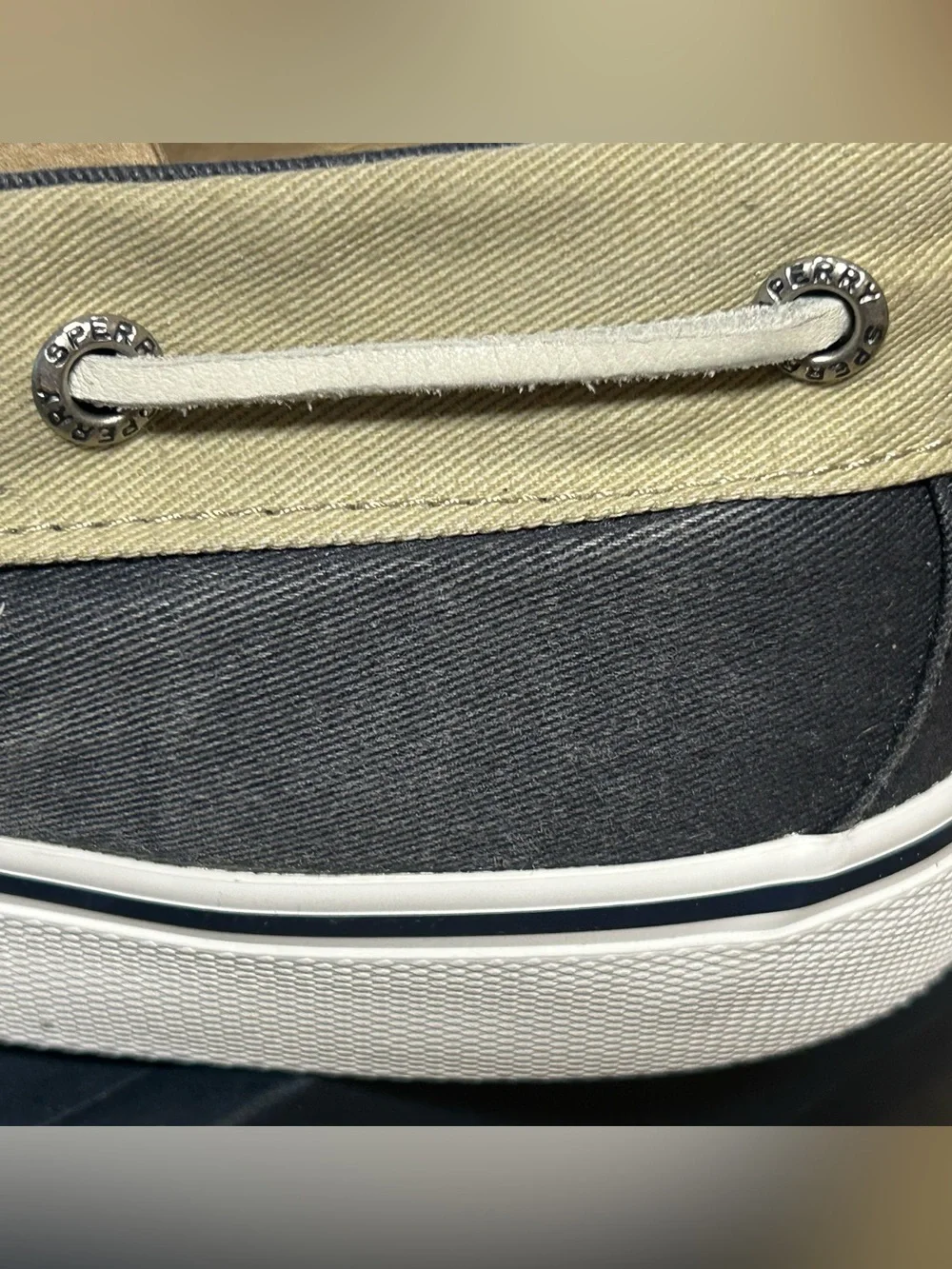Sperry Bahama Men’s 14 Soft Canvas Boat Shoes in Navy & Khaki-Worn 1x Excellent
